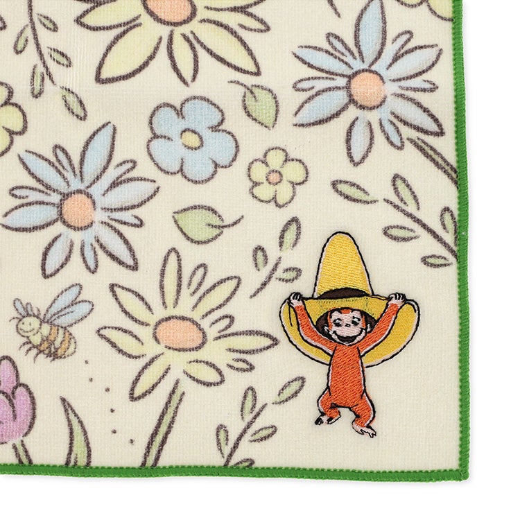 おさるのジョージ 神戸養蜂場×おさるのジョージ　大判ハンカチ　タオルハンカチ　ミニサイズ　花柄　黄色い帽子のおじさん