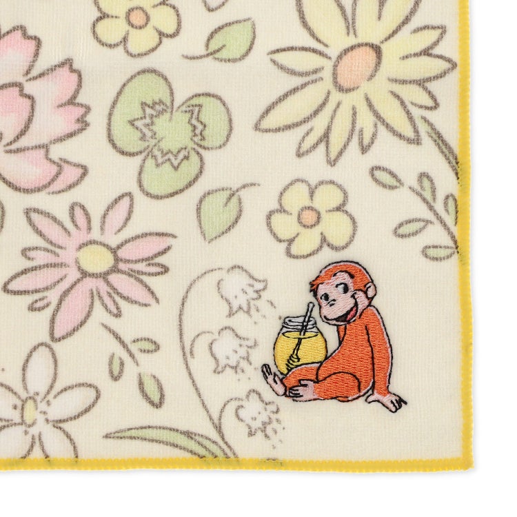おさるのジョージ 神戸養蜂場×おさるのジョージ　大判ハンカチ　タオルハンカチ　ミニサイズ　花柄　黄色い帽子のおじさん