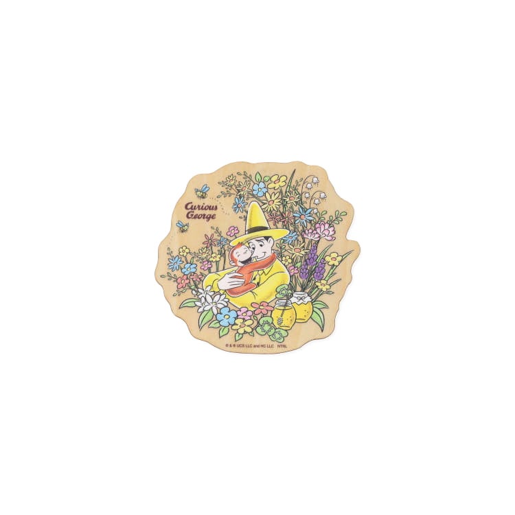 おさるのジョージ 神戸養蜂場×おさるのジョージ　木製マグネット　磁石　冷蔵庫　花柄　黄色い帽子のおじさん