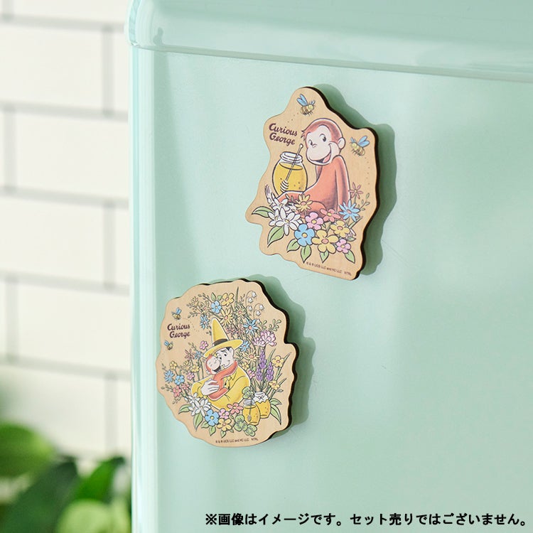 おさるのジョージ 神戸養蜂場×おさるのジョージ　木製マグネット　磁石　冷蔵庫　花柄　黄色い帽子のおじさん