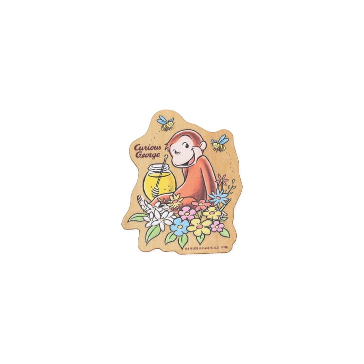 おさるのジョージ 神戸養蜂場×おさるのジョージ　木製マグネット　磁石　冷蔵庫　花柄　黄色い帽子のおじさん