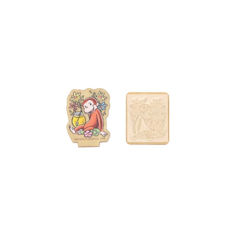 おさるのジョージ 神戸養蜂場×おさるのジョージ　木製スタンプ　判子　ハンコ　花柄　黄色い帽子のおじさん